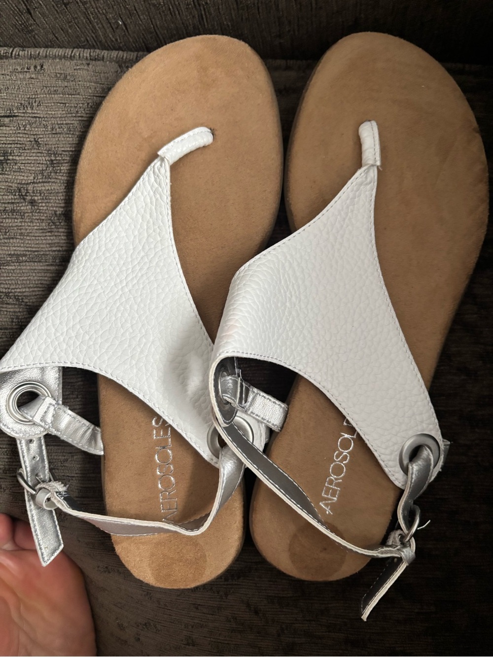 AEROSOLES White Leather T-Strap Sandals with Silver Accents